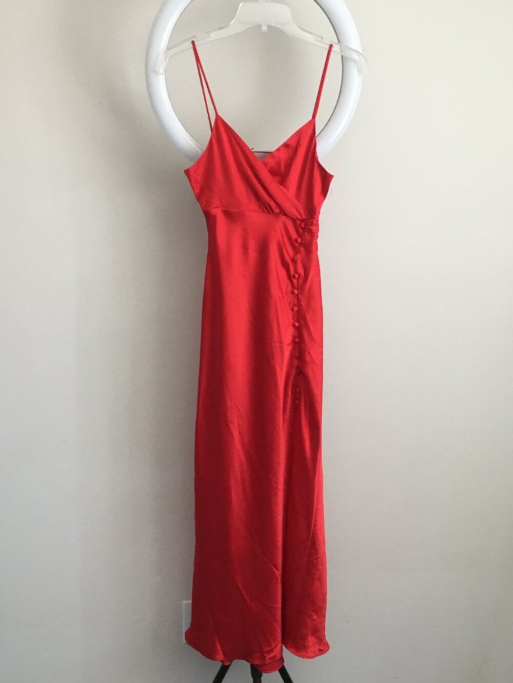 NWT ZARA Red Satin V Neck Faux Deco Buttons Spaghetti Straps Maxi Dress